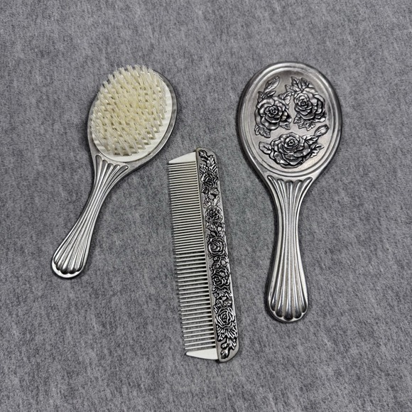 silver plated three piece dresser set Silver Plated 3 Piece Dresser Set Fluted Design ribbons flowers vintage set comb brush mirror handled mirror brush stunning